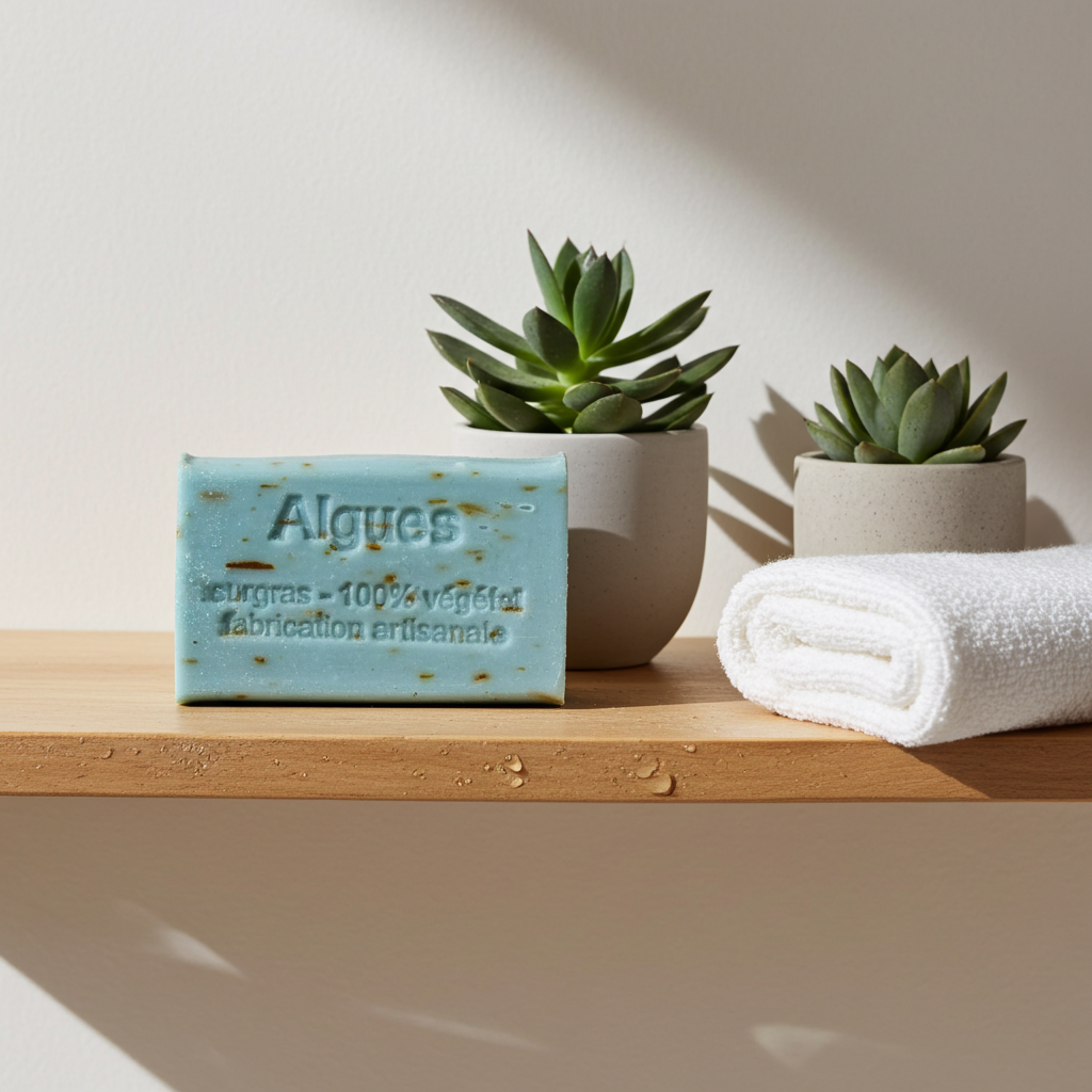 Nahaufnahme von Algenseife aus Frankreich mit sichtbarer Oberfläche und Struktur