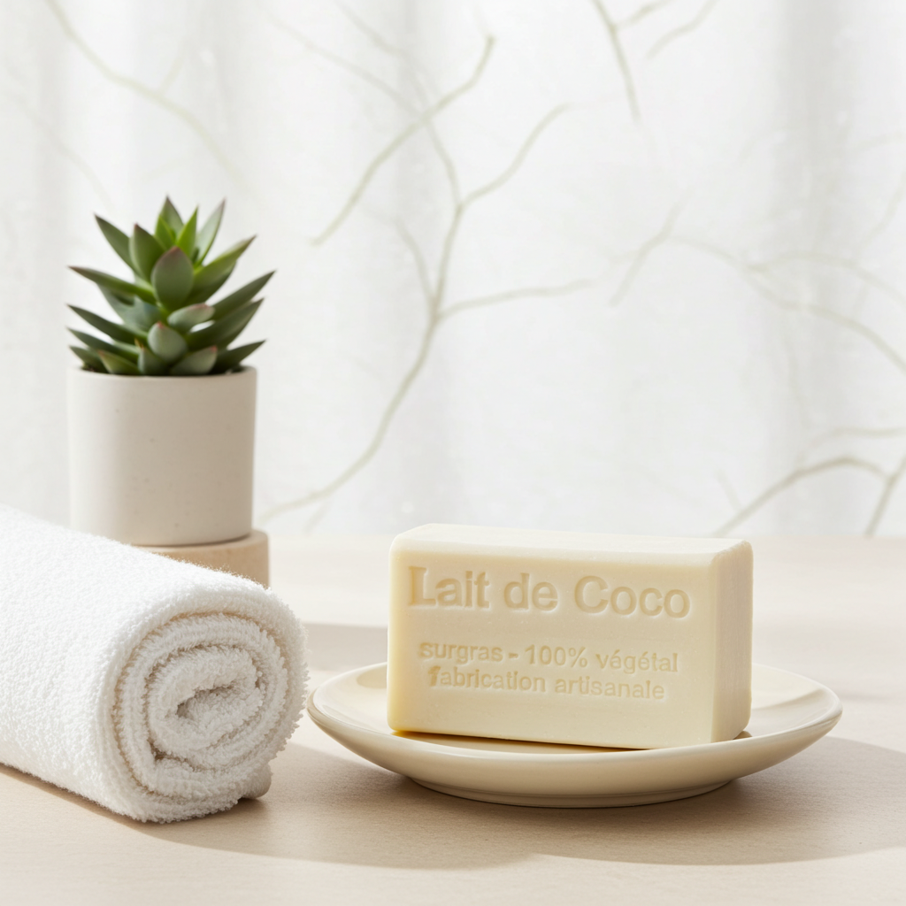 Kokosseife aus Frankreich mit passender dekorativer Inszenierung und natürlichen Materialien