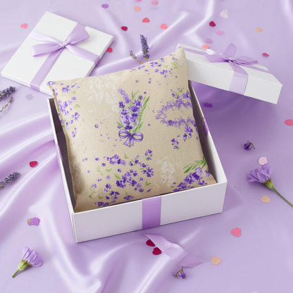 Lavendelkissen Beige-Lila – handgenäht dekorativ auf einem Bett mit heller Bettwäsche