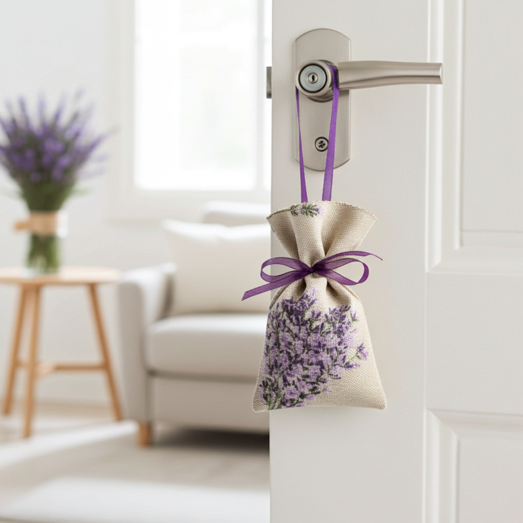 Lavendelsäckchen Grau-Beige – handgenäht im Kleiderschrank zwischen heller Wäsche