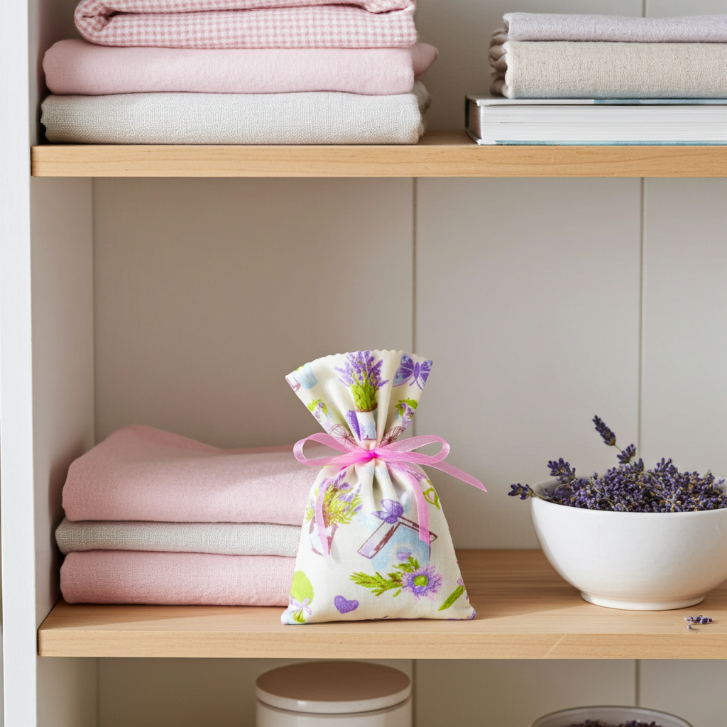 Nahaufnahme von Lavendelsäckchen Bunt mit Herzen – handgenäht mit sichtbarer Stoffstruktur und Schleife