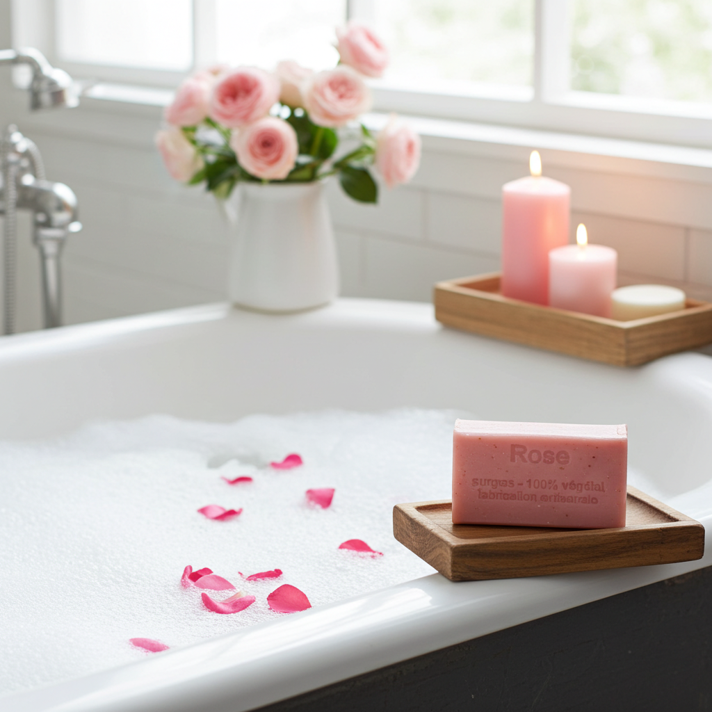 Rosenseife aus Frankreich als hochwertiges Naturseifen-Produktfoto im Alltag