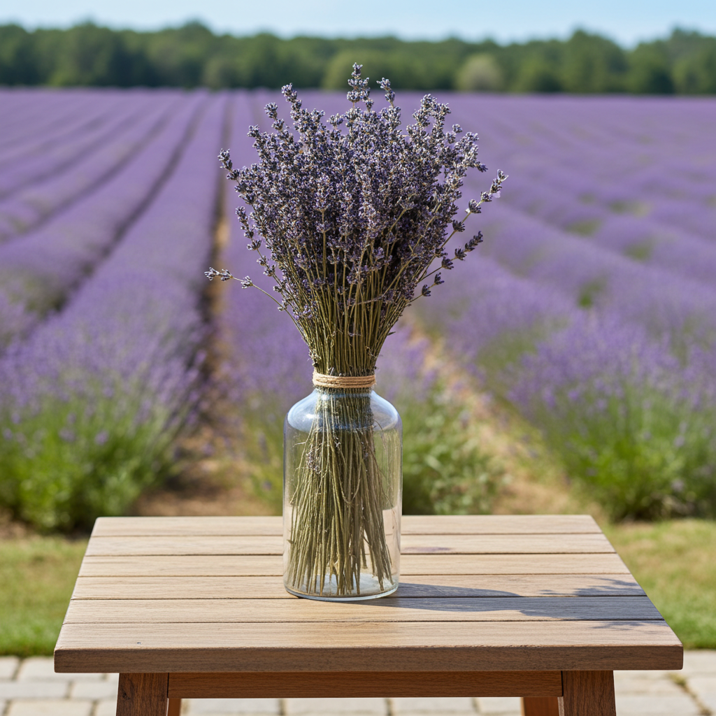 Lavendelstrauß Extra Blau in schlichter Vase als dekoratives Wohnaccessoire