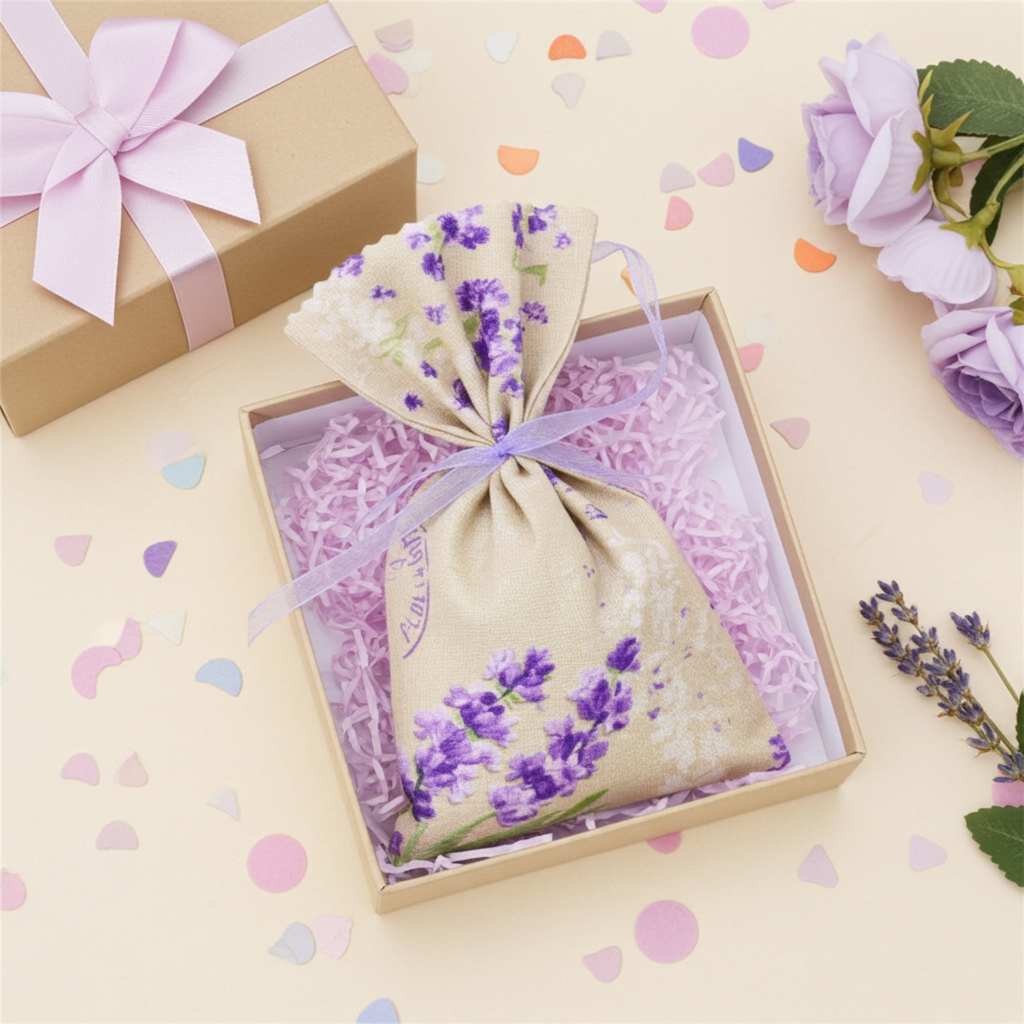 Lavendelsäckchen Beige-Lila – handgenäht dekorativ aufgehängt mit Schleife an einem Kleiderbügel