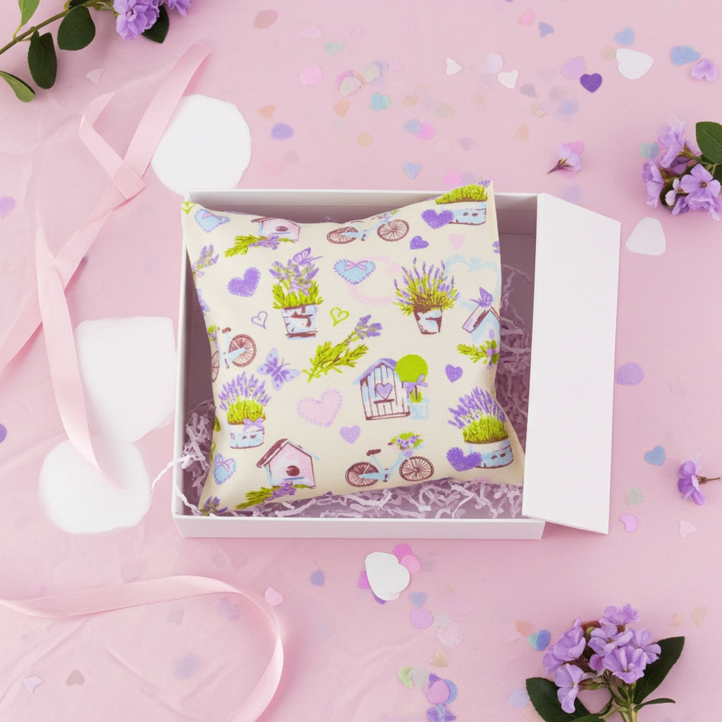 Lavendelkissen Bunt mit Herzen – handgenäht dekorativ auf einem Bett mit heller Bettwäsche