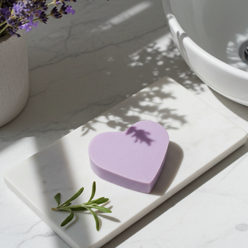 Lavendelseife in Herzform mit passender dekorativer Inszenierung und natürlichen Materialien