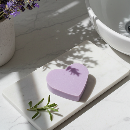 Lavendelseife in Herzform mit passender dekorativer Inszenierung und natürlichen Materialien