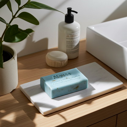 Algenseife aus Frankreich dekorativ auf Stein mit natürlicher Produktinszenierung