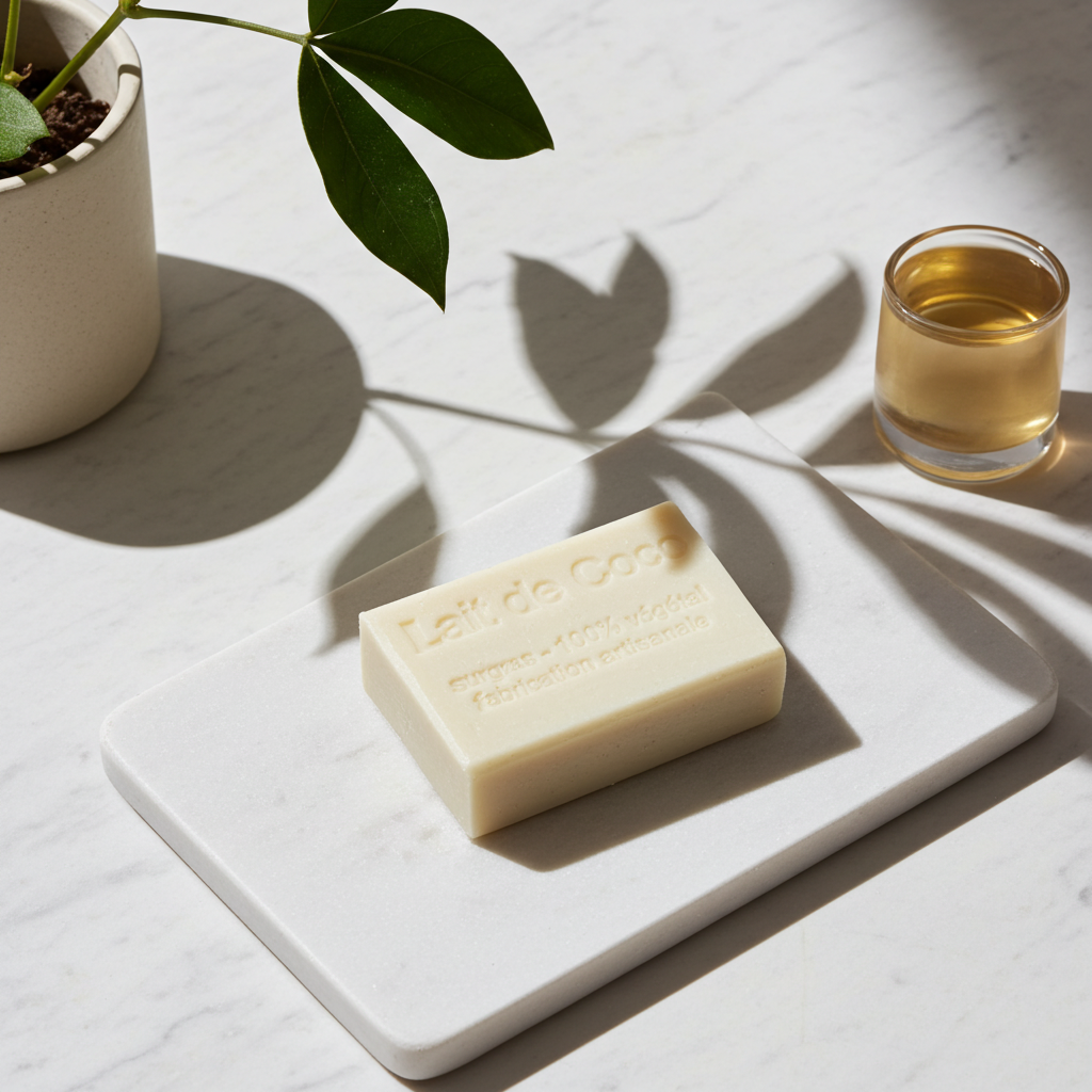 Kokosseife aus Frankreich dekorativ auf Stein mit natürlicher Produktinszenierung