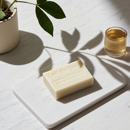 Kokosseife aus Frankreich dekorativ auf Stein mit natürlicher Produktinszenierung