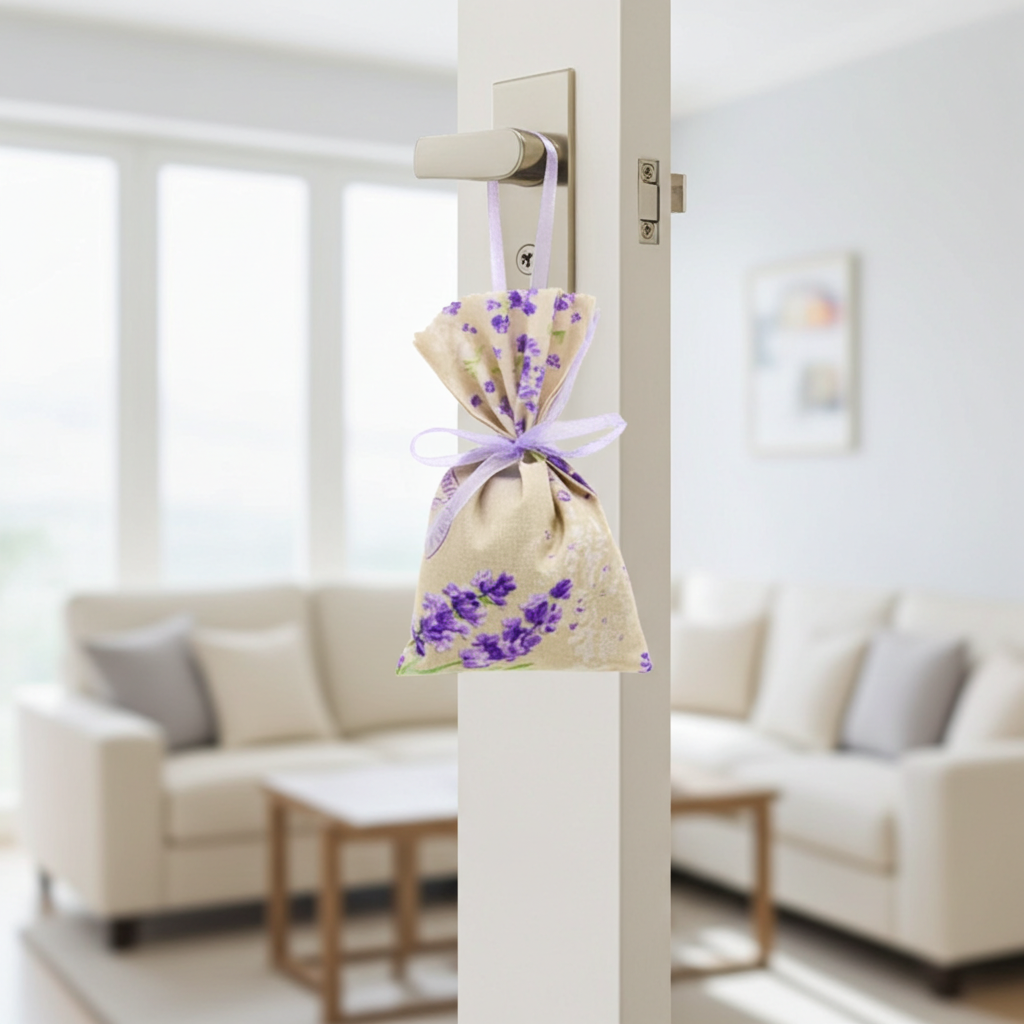 Lavendelsäckchen Beige-Lila – handgenäht dekorativ auf Kommode oder Leinenstoff mit Lavendelblüten
