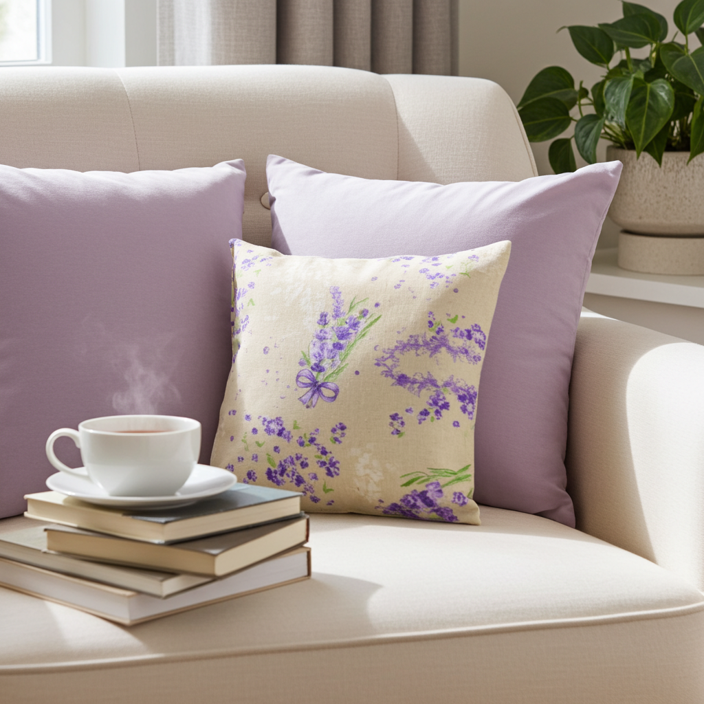 Lavendelkissen Beige-Lila – handgenäht als handgenähtes Lavendelkissen in stilvoller Anwendung
