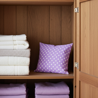 Nahaufnahme von Lavendelkissen Lila mit Herz – handgenäht mit sichtbarer Stoffstruktur und Nähten