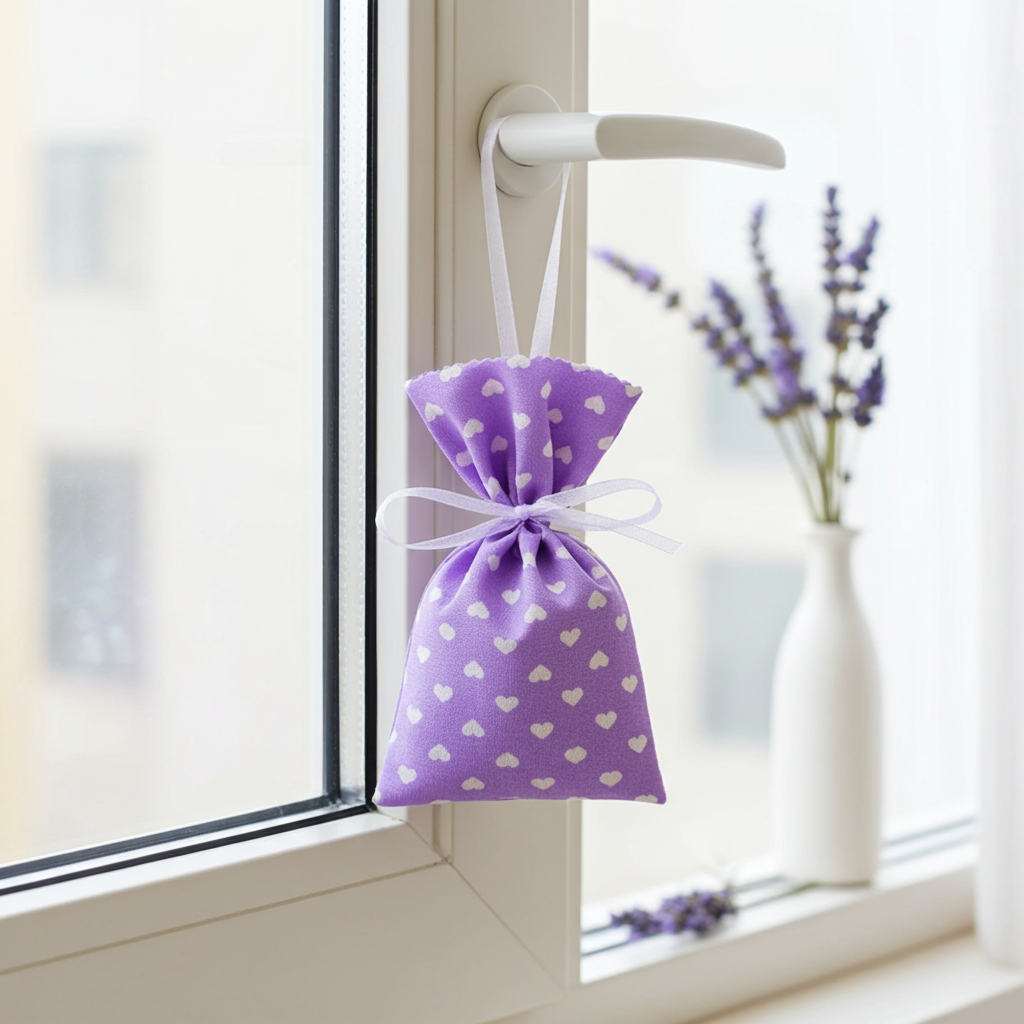 Lavendelsäckchen Lila mit Herz – handgenäht mit Schleife zum Aufhängen im Schrank oder Wohnbereich