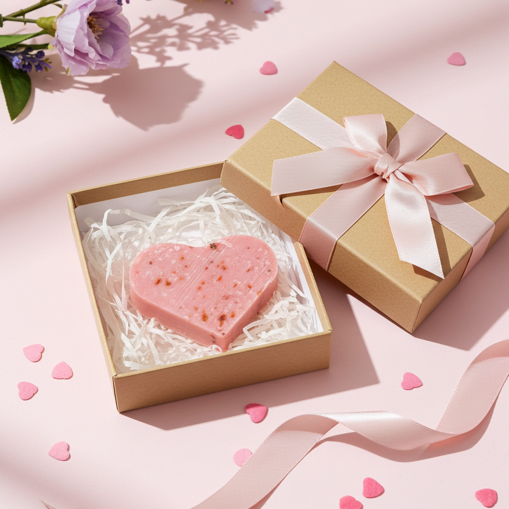 Rosenseife in Herzform mit passender dekorativer Inszenierung und natürlichen Materialien