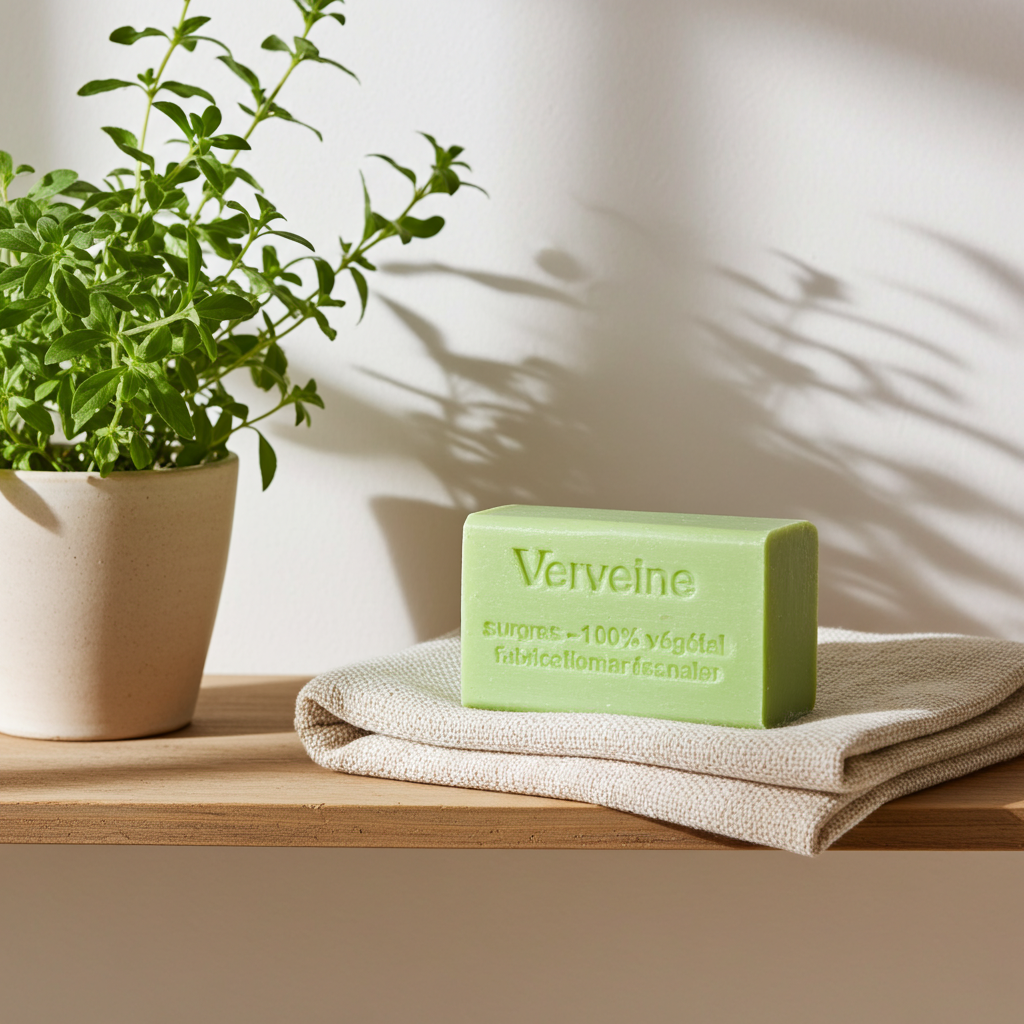 Nahaufnahme von Verbenenseife aus Frankreich mit sichtbarer Oberfläche und Struktur