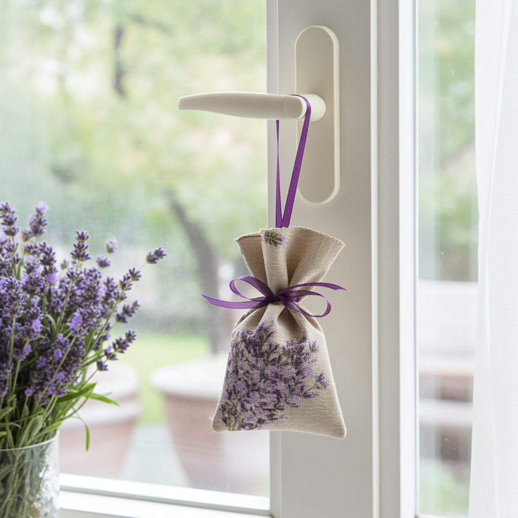 Nahaufnahme von Lavendelsäckchen Grau-Beige – handgenäht mit sichtbarer Stoffstruktur und Schleife