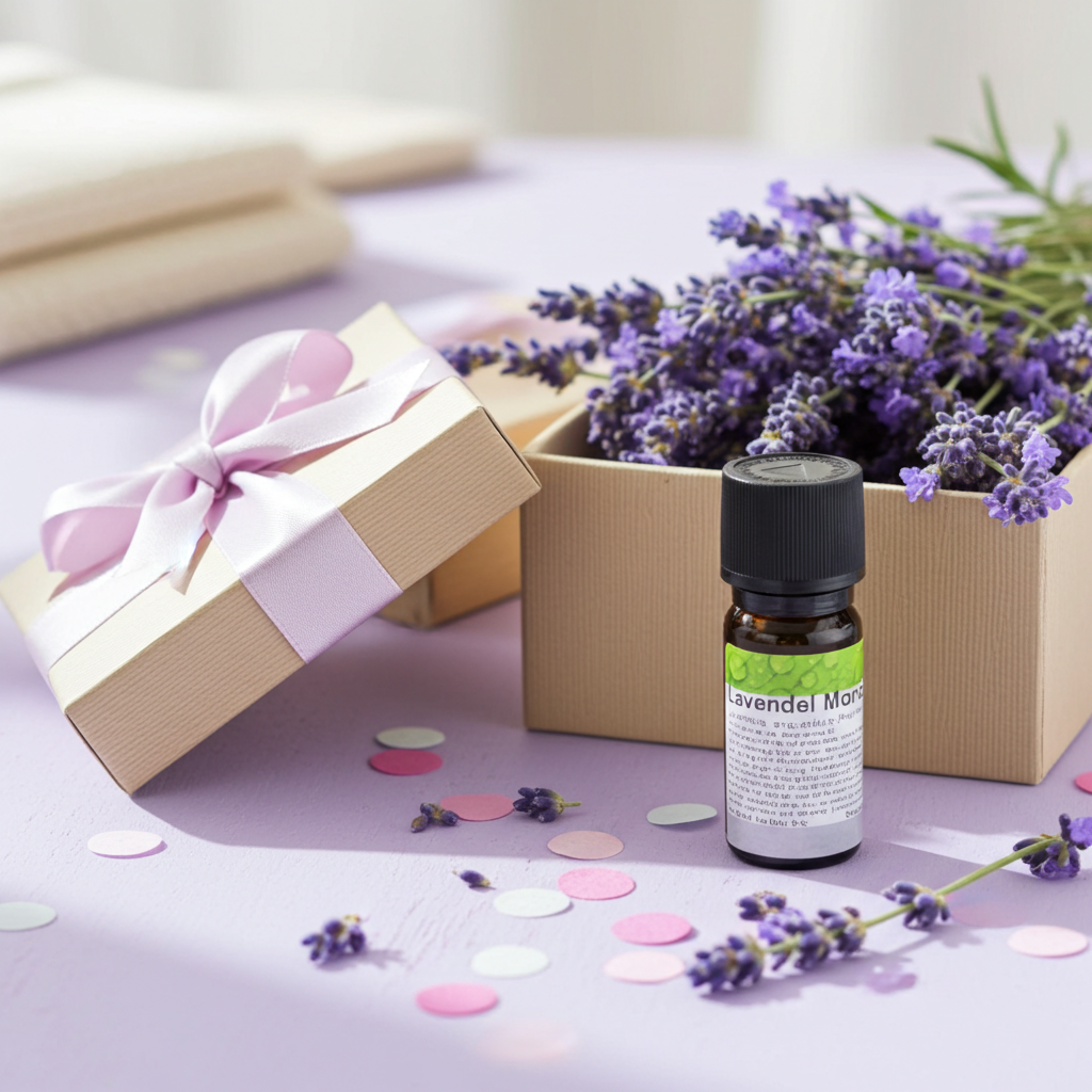 Lavendelöl Mont Blanc 10 ml mit Lavendelblüten auf hellem Leinenstoff