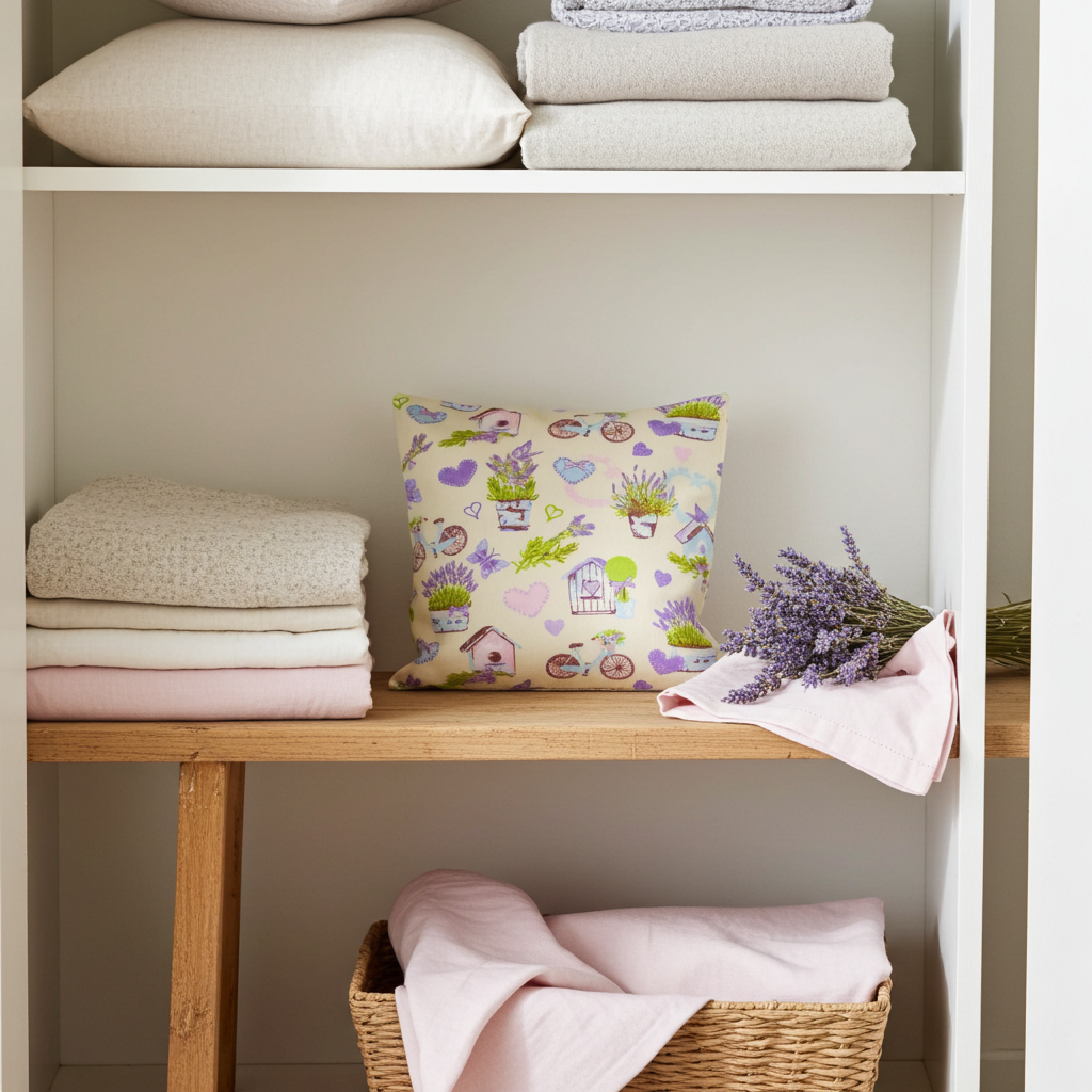 Lavendelkissen Bunt mit Herzen – handgenäht mit getrocknetem Lavendel in natürlicher Produktinszenierung