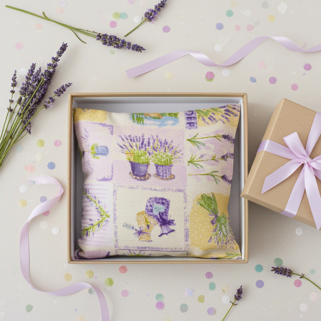 Lavendelkissen Beige – handgenäht dekorativ auf einem Bett mit heller Bettwäsche