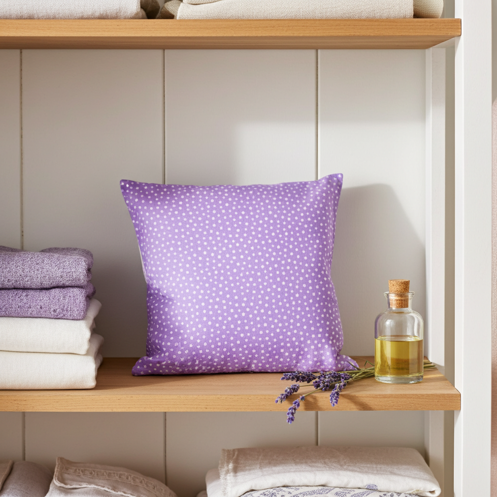 Lavendelkissen Lila mit Pünktchen – handgenäht in ruhiger Wohn- oder Kinderzimmeratmosphäre