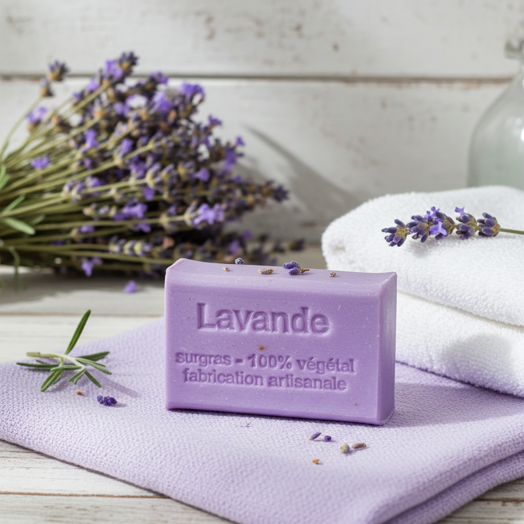 Lavendelseife aus Frankreich in stilvoller Badezimmer- oder Spa-Umgebung