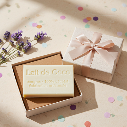Kokosseife aus Frankreich als hochwertiges Naturseifen-Produktfoto im Alltag