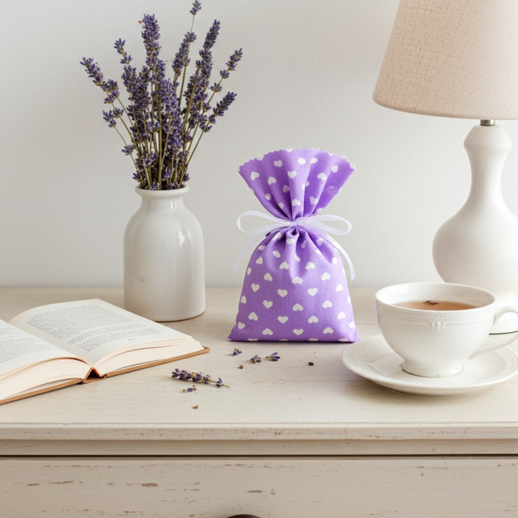 Lavendelsäckchen Lila mit Herz – handgenäht im Kleiderschrank zwischen heller Wäsche