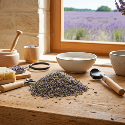 Lavendelblüten tiefblau aus der Provence mit handgenähten Lavendelprodukten auf Leinenstoff