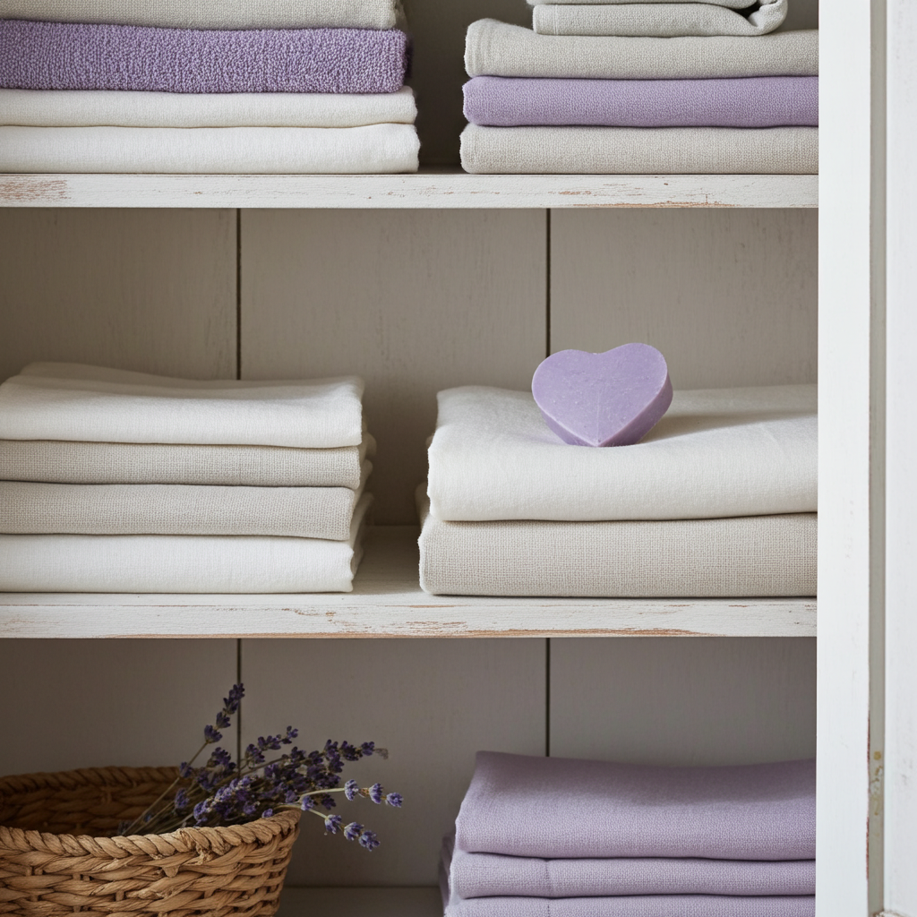 Lavendelseife in Herzform dekorativ arrangiert als Geschenkidee oder Badezimmerdetail