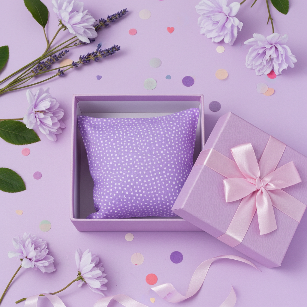 Lavendelkissen Lila mit Pünktchen – handgenäht mit getrocknetem Lavendel in natürlicher Produktinszenierung