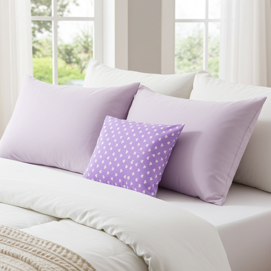 Lavendelkissen Lila mit Herz – handgenäht mit getrocknetem Lavendel in natürlicher Produktinszenierung