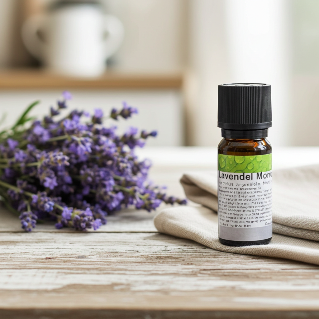 Nahaufnahme von Lavendelöl Mont Blanc 10 ml mit Flasche und Etikett