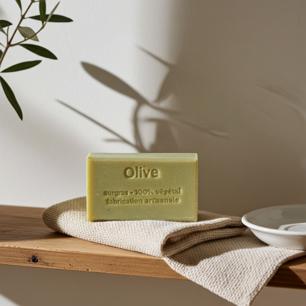 Olivenseife aus Frankreich mit passender dekorativer Inszenierung und natürlichen Materialien