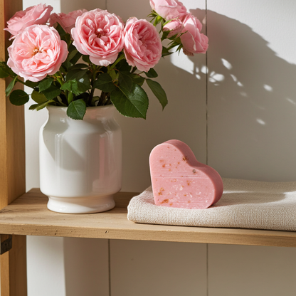 Rosenseife in Herzform dekorativ auf Stein mit natürlicher Produktinszenierung