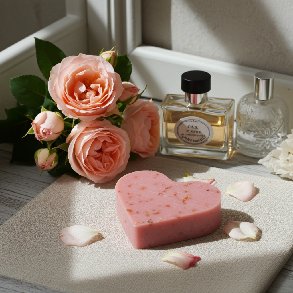 Rosenseife in Herzform in stilvoller Badezimmer- oder Spa-Umgebung
