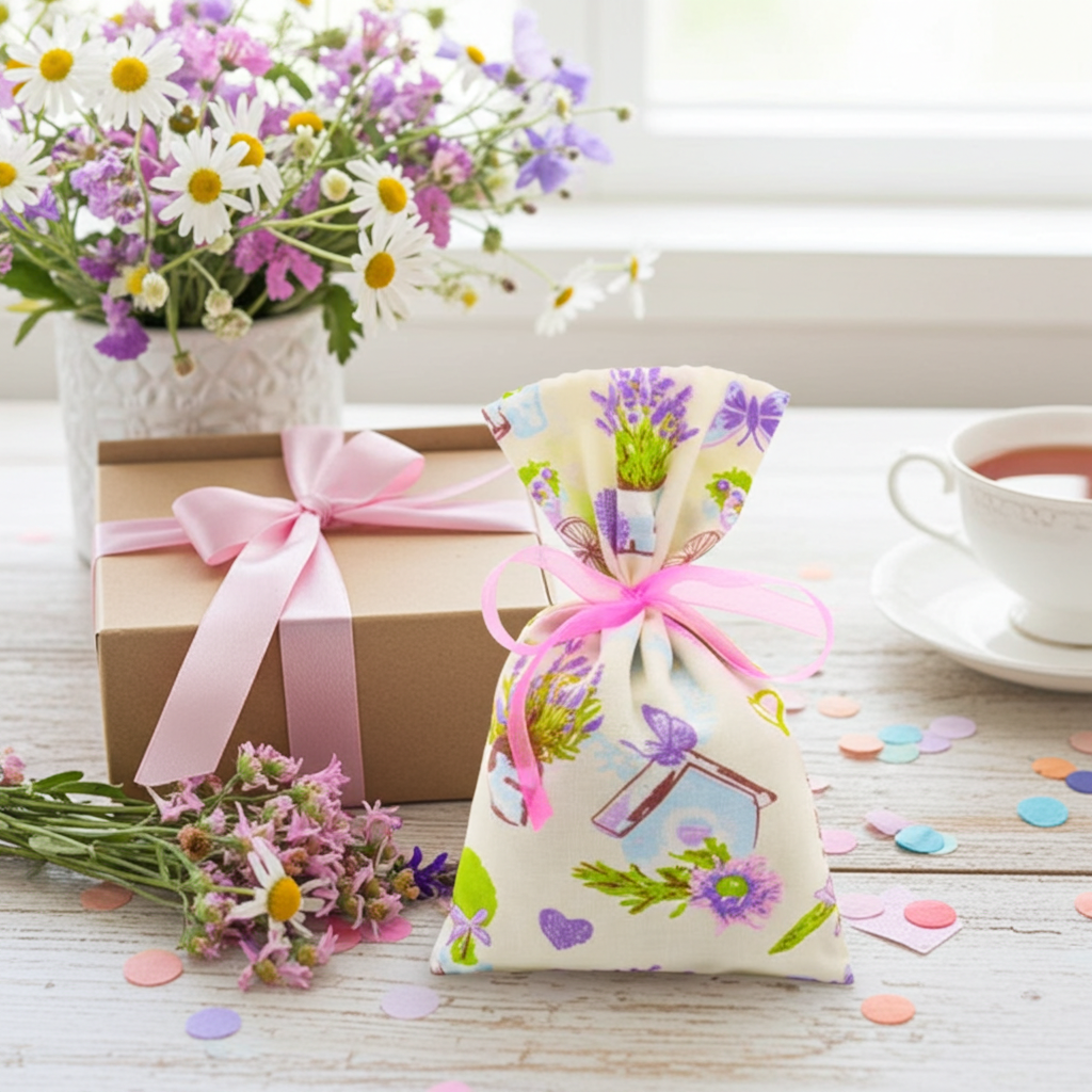 Lavendelsäckchen Bunt mit Herzen – handgenäht dekorativ aufgehängt mit Schleife an einem Kleiderbügel