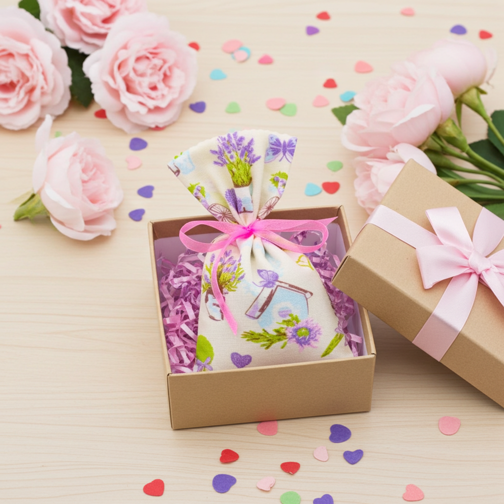 Lavendelsäckchen Bunt mit Herzen – handgenäht im Kleiderschrank zwischen heller Wäsche