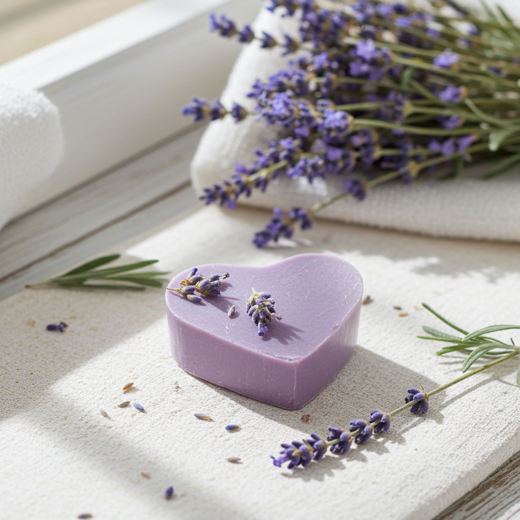 Lavendelseife in Herzform dekorativ auf Stein mit natürlicher Produktinszenierung