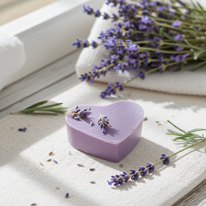 Lavendelseife in Herzform dekorativ auf Stein mit natürlicher Produktinszenierung