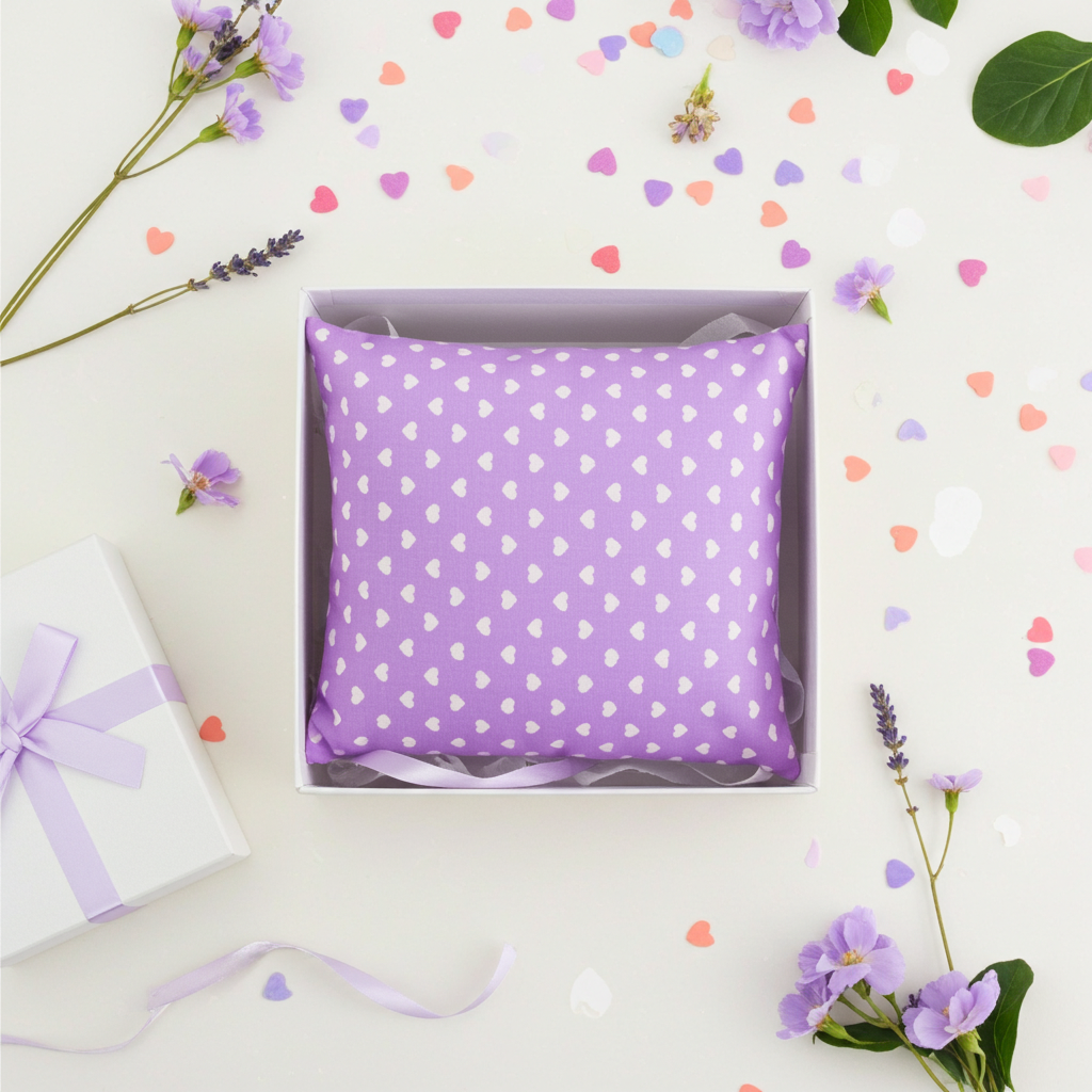 Lavendelkissen Lila mit Herz – handgenäht dekorativ auf einem Bett mit heller Bettwäsche