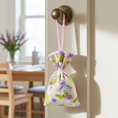 Lavendelsäckchen Bunt mit Herzen – handgenäht dekorativ auf Kommode oder Leinenstoff mit Lavendelblüten