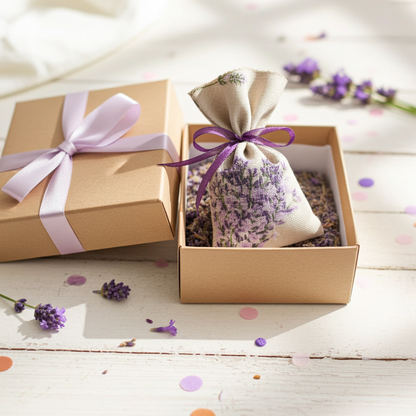 Lavendelsäckchen Grau-Beige – handgenäht dekorativ aufgehängt mit Schleife an einem Kleiderbügel