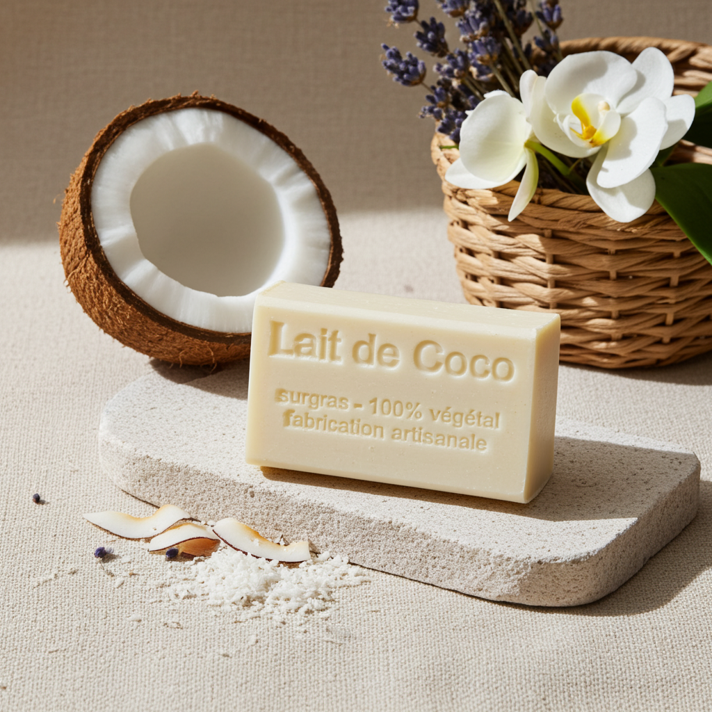 Kokosseife aus Frankreich in stilvoller Badezimmer- oder Spa-Umgebung