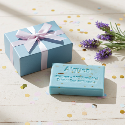 Algenseife aus Frankreich dekorativ arrangiert als Geschenkidee oder Badezimmerdetail