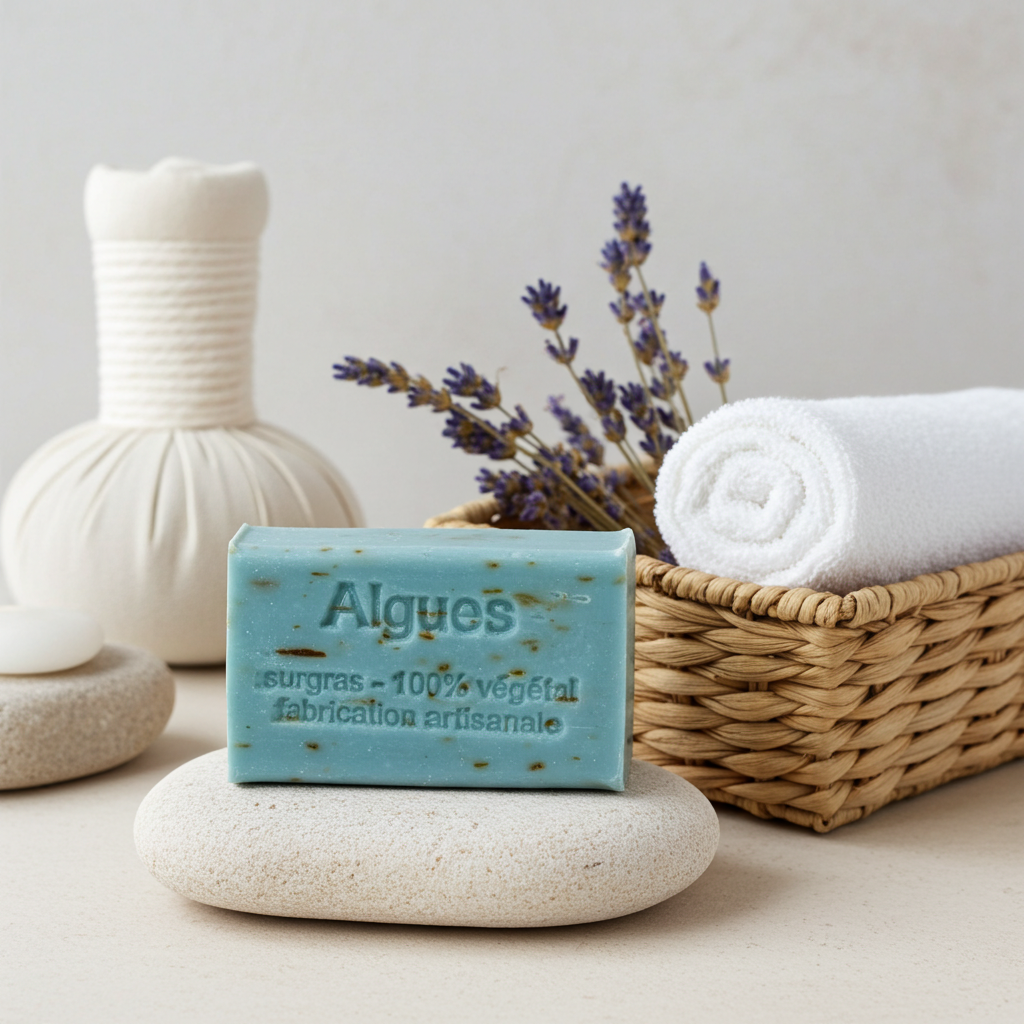 Algenseife aus Frankreich als hochwertiges Naturseifen-Produktfoto im Alltag