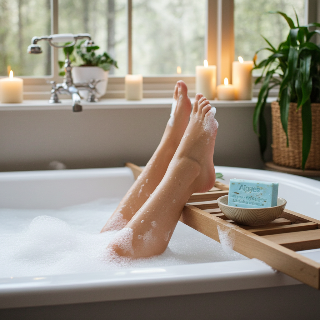 Algenseife aus Frankreich mit passender dekorativer Inszenierung und natürlichen Materialien