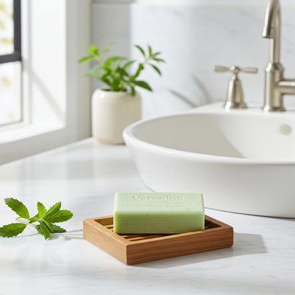 Verbenenseife aus Frankreich dekorativ auf Stein mit natürlicher Produktinszenierung