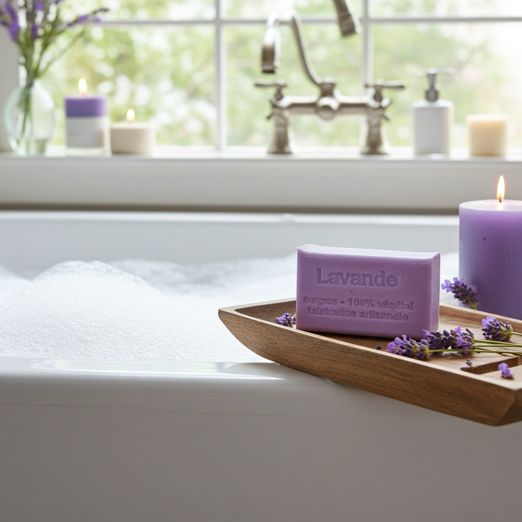 Lavendelseife aus Frankreich dekorativ arrangiert als Geschenkidee oder Badezimmerdetail
