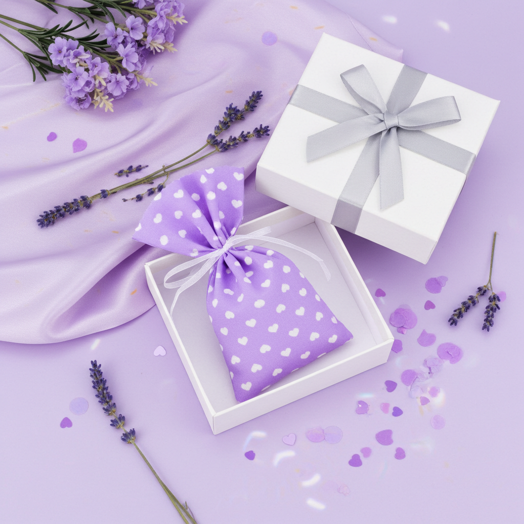 Lavendelsäckchen Lila mit Herz – handgenäht dekorativ aufgehängt mit Schleife an einem Kleiderbügel